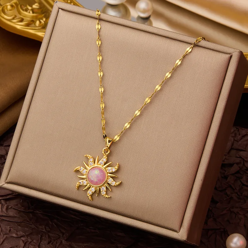Sunbeam Necklace with Pink Gemstone Center – Crystal Embellished Gold Pendant