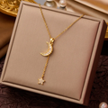 Sparkling Crescent Moon and Star Drop Necklace – Gold Finish