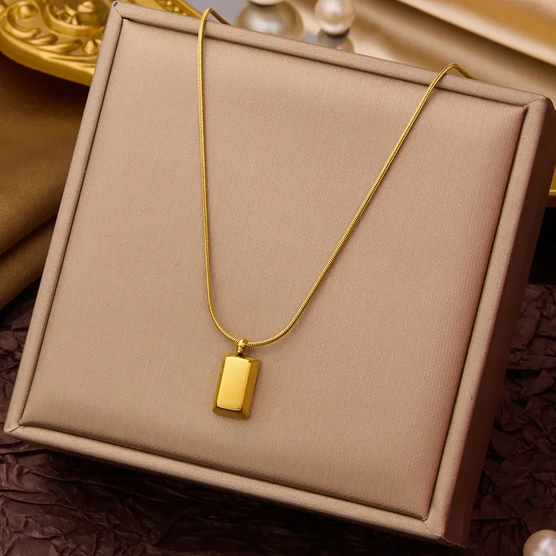 Solid Gold-Tone Rectangular Bar Pendant – Sleek Snake Chain Necklace