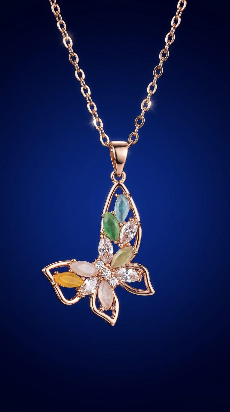 The Solstice Monarch - Rose Gold Butterfly Pendant with Multicolor Gemstone Necklace - Trendymus