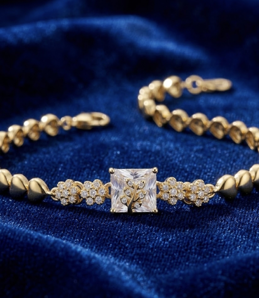 Elegant The Royal Petal & Heart Gold Bracelet with Diamond Floral Detailing - Luxury Bold Square Cut Diamond Bracelet for Women