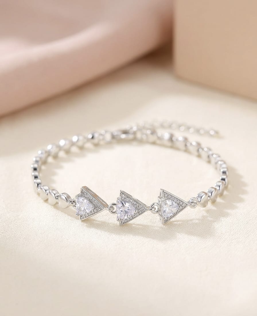 Elegant Silver-Tone Triple Geometric Heart Charm Bracelet - Sterling Silver Bracelet for Women