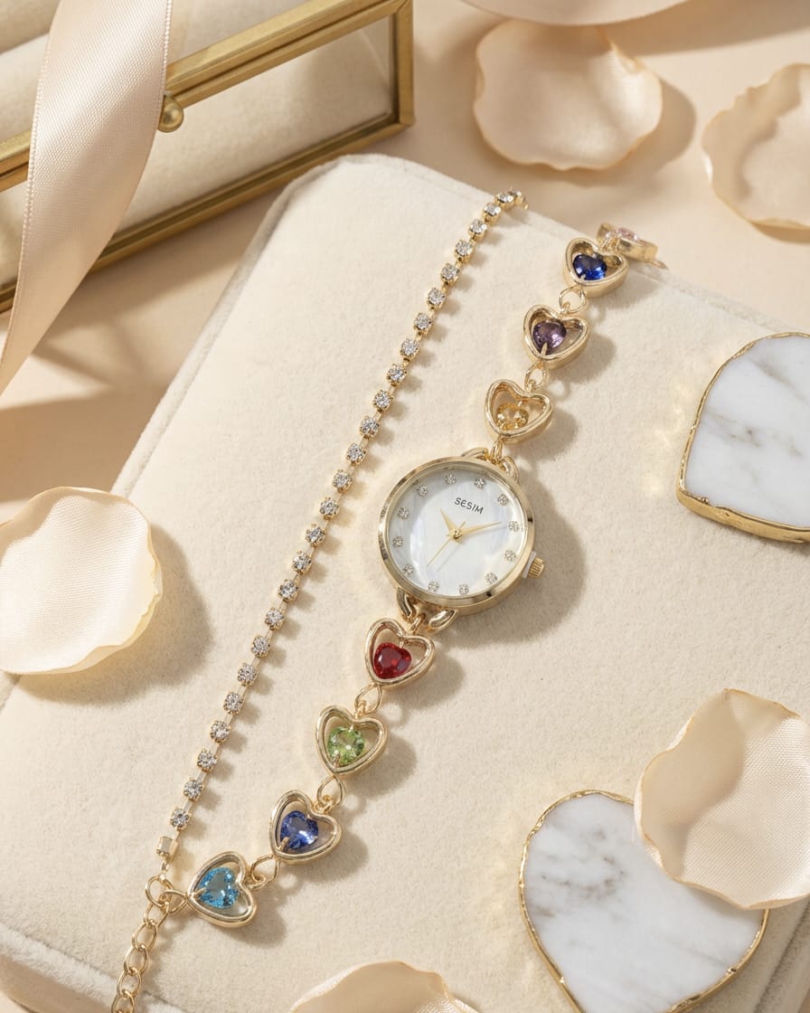 SESIM Elegant Gold-Tone Heart Crystal Watch & Tennis Bracelet Set