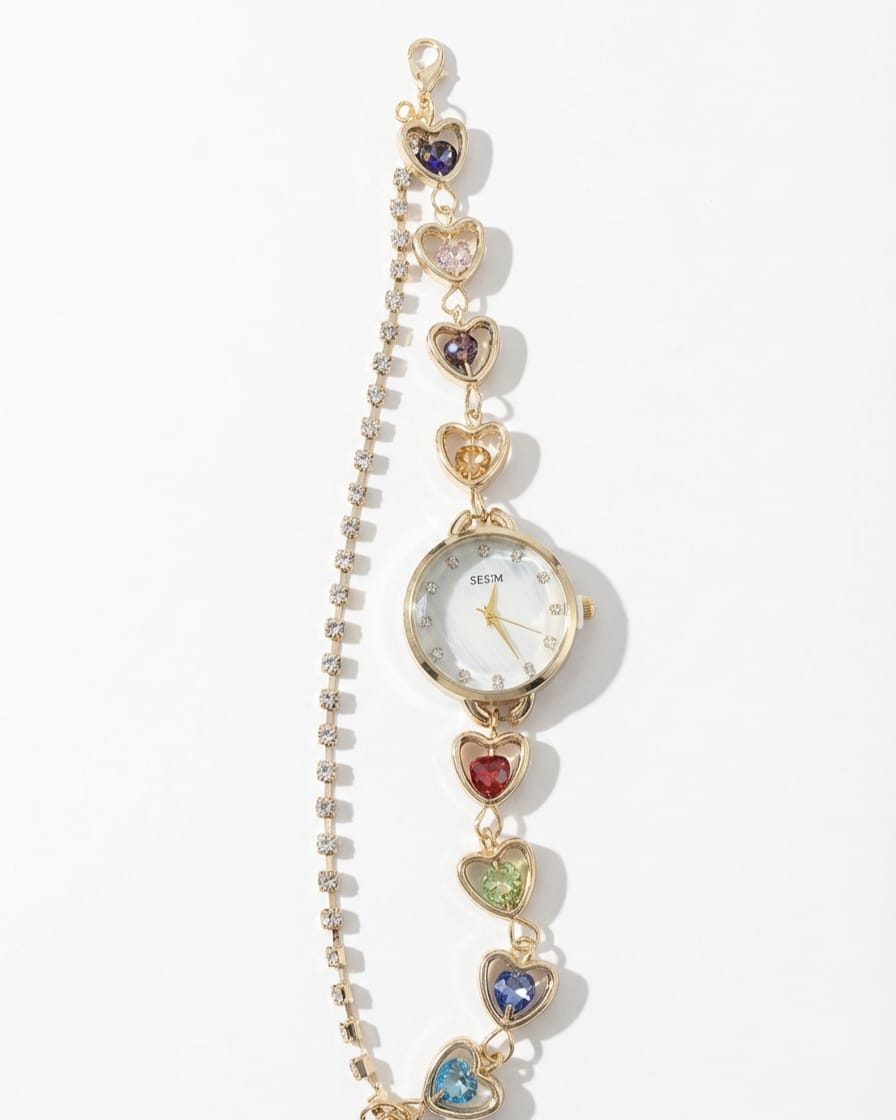SESIM Elegant Gold-Tone Heart Crystal Watch & Tennis Bracelet Set