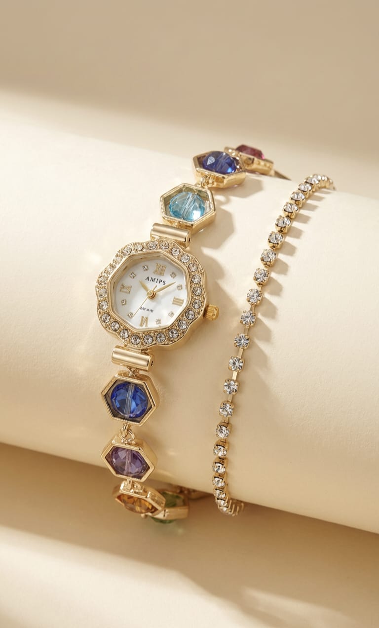 AMIPS Elegant Gold-Tone Geometric Crystal Watch & Tennis Bracelet Set