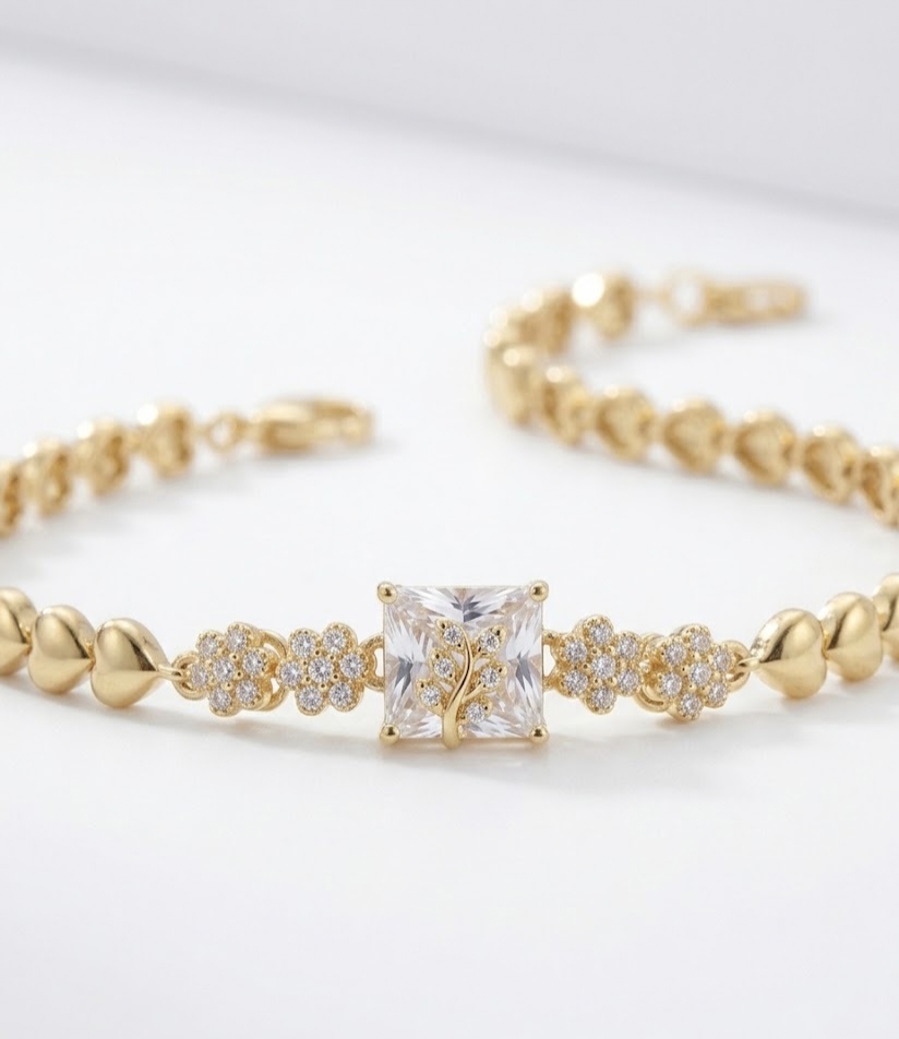 Elegant The Royal Petal & Heart Gold Bracelet with Diamond Floral Detailing - Luxury Bold Square Cut Diamond Bracelet for Women