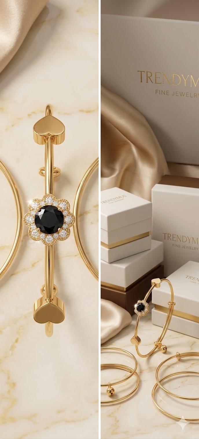 Elegant Luxe Flora Floral Gold Bracelet with Onyx Black Stone Detailing - Gold Floral Bracelet for Women