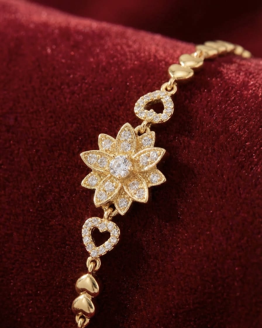 Elegant Gold-Tone Floral & Heart Crystal Charm Bracelet