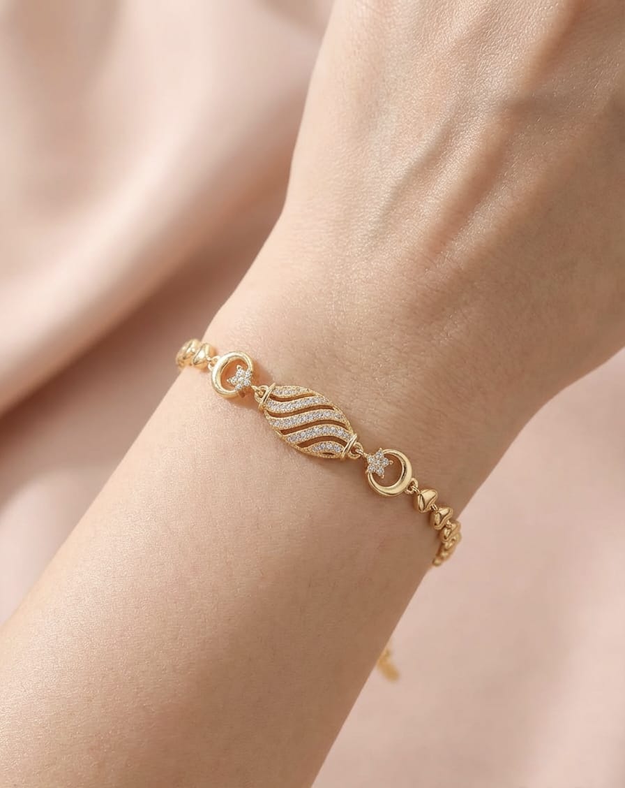Elegant Gold-Tone Filigree – Moon And Stars Charm Bracelet