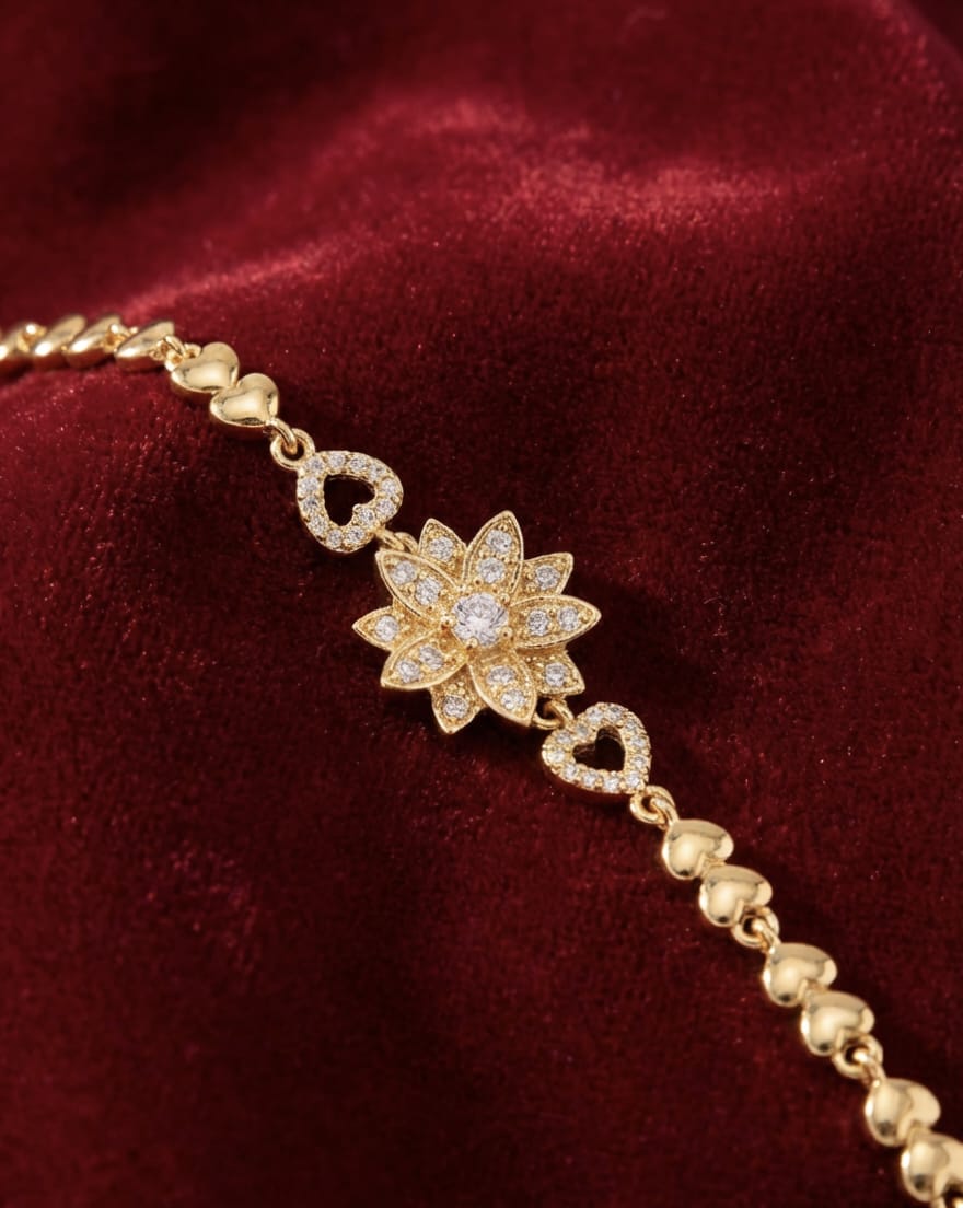 Elegant Gold-Tone Floral & Heart Crystal Charm Bracelet