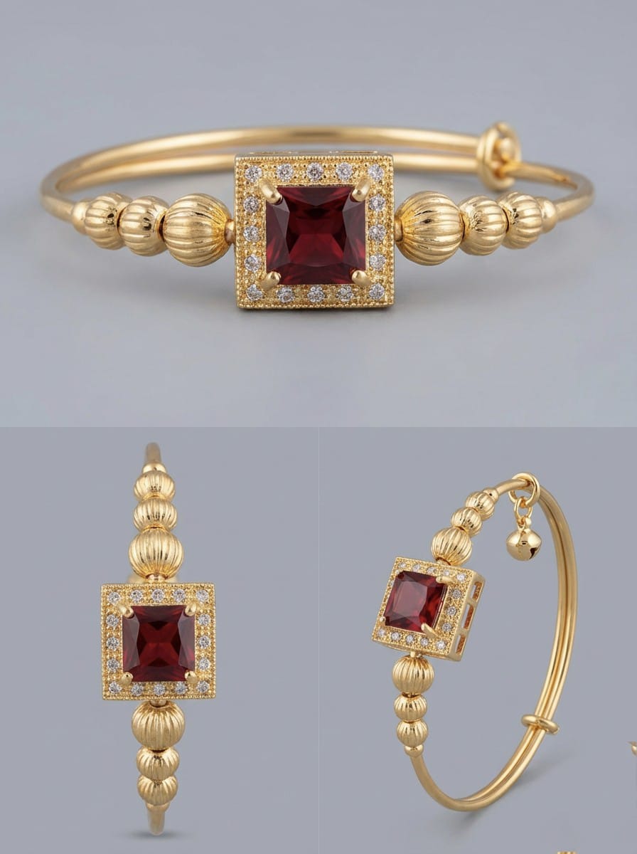Elegant Gold-Tone Ruby-Red Crystal Bangle Set with Bell Charms - Ruby Bangles Set for Women