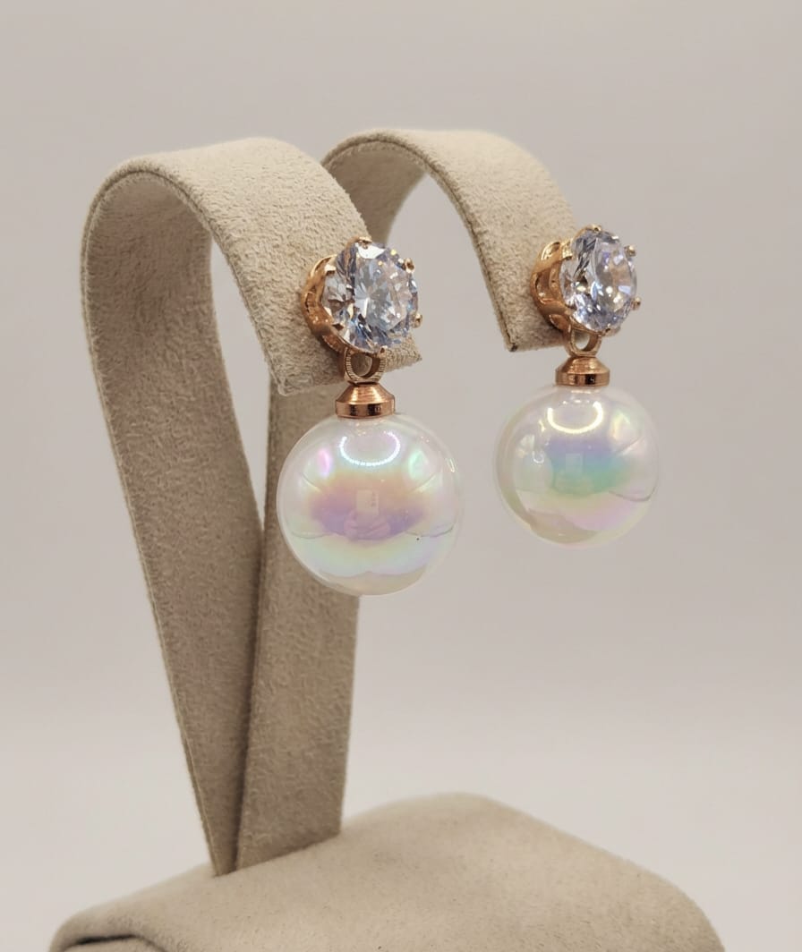 Crystal & Rainbow Pearl Drops, Iridescent Pearl Dangles, Holographic Drop Earrings.