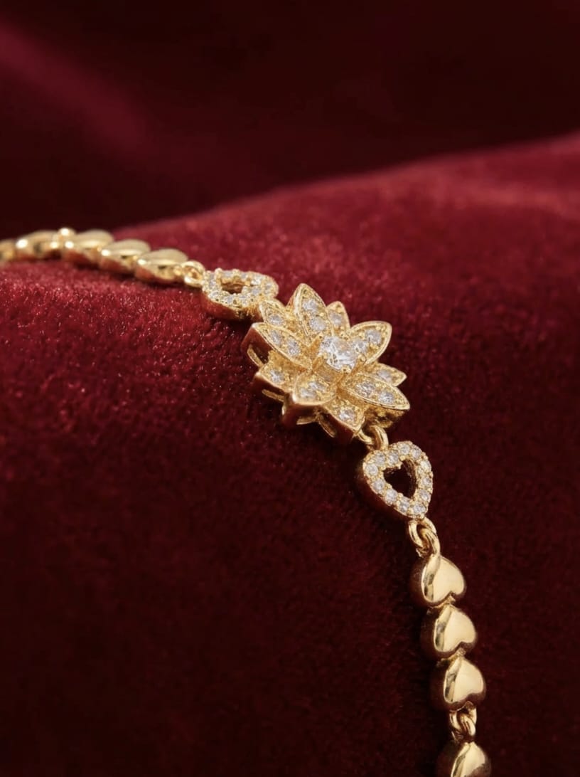 Elegant Gold-Tone Floral & Heart Crystal Charm Bracelet