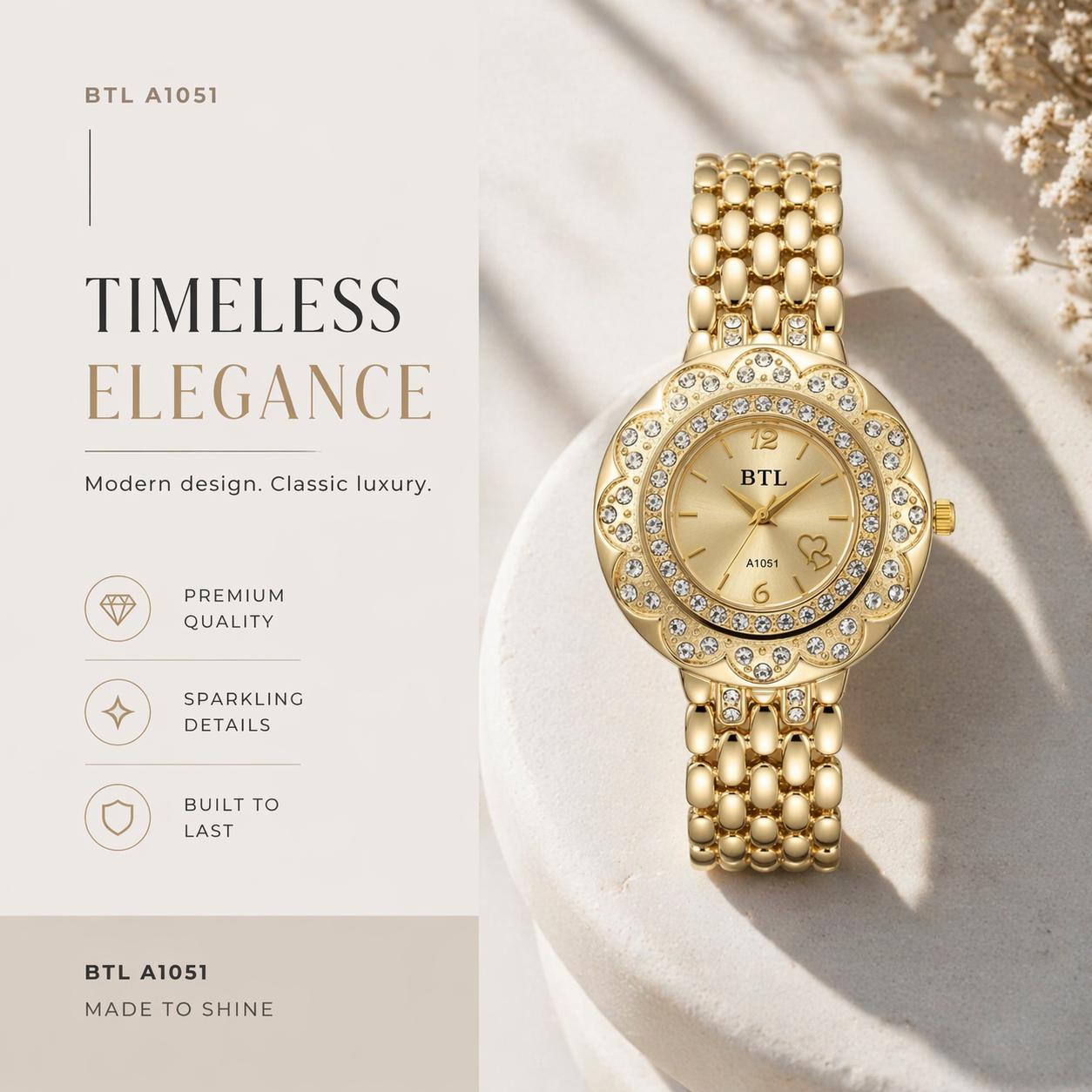 BTL A1051 Elegant Gold-Tone Floral Crystal Dress Watch