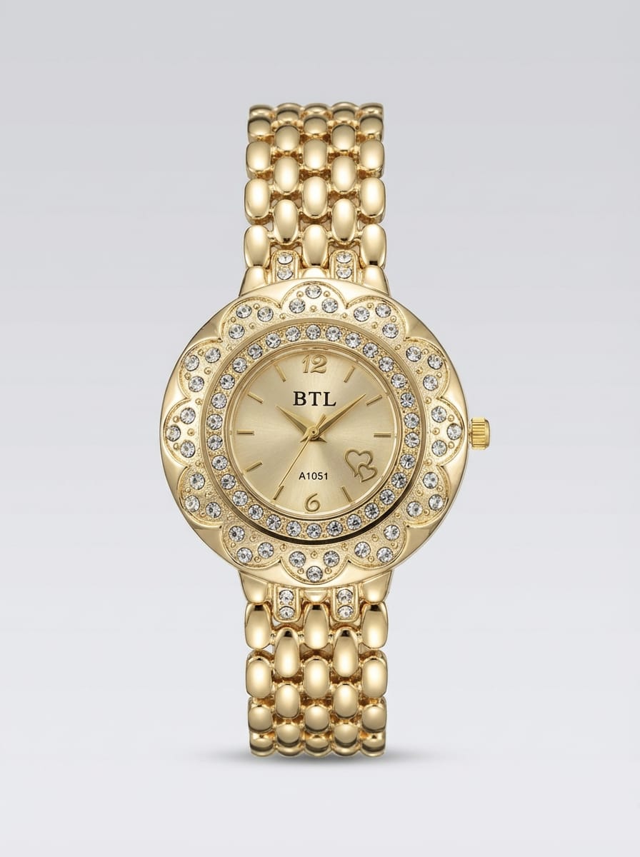 BTL A1051 Elegant Gold-Tone Floral Crystal Dress Watch