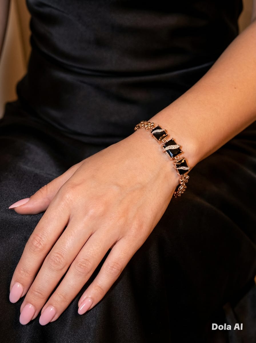 Elegant Starry Night over Rose Bold Black Emerald Bracelet with Crystal Detailing - Luxury Bold Black Crystal Bracelet for Women