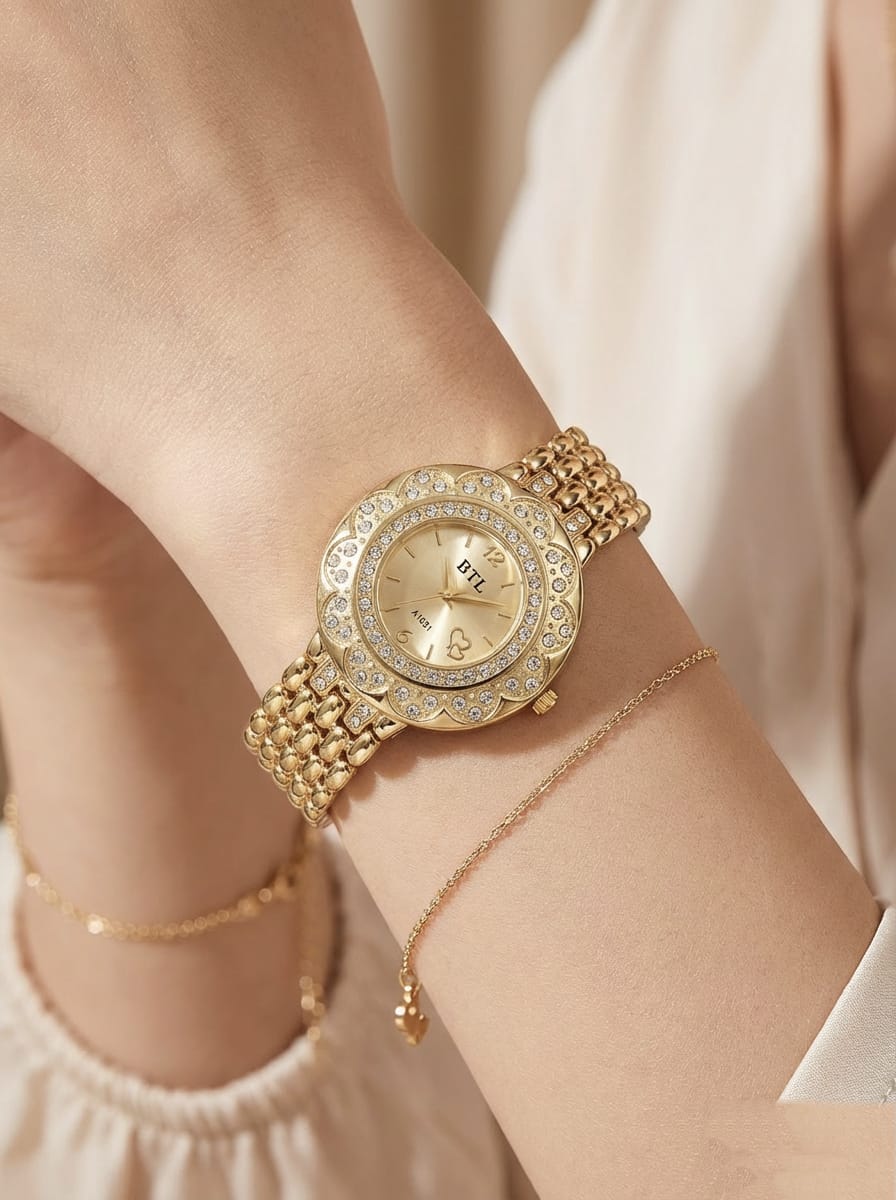 BTL A1051 Elegant Gold-Tone Floral Crystal Dress Watch