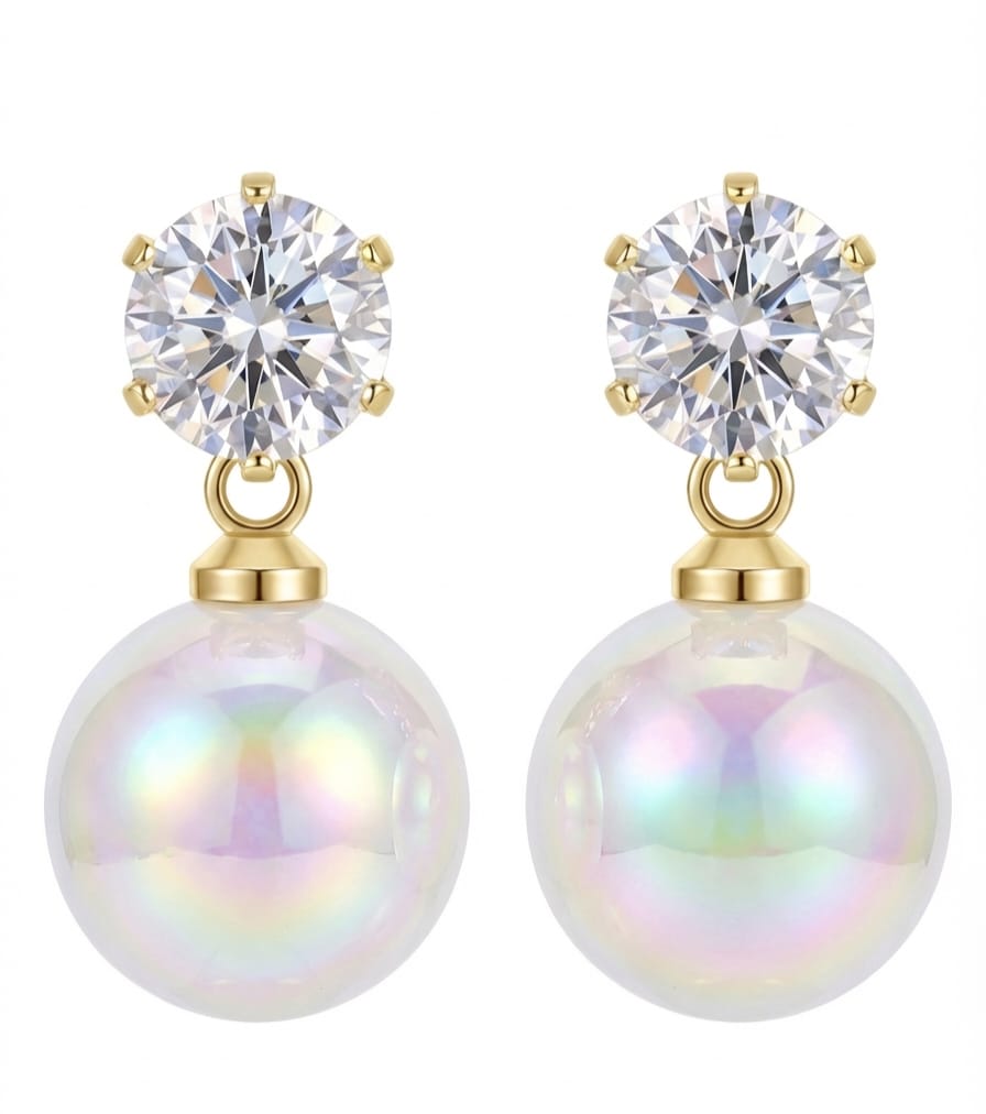Crystal & Rainbow Pearl Drops, Iridescent Pearl Dangles, Holographic Drop Earrings.