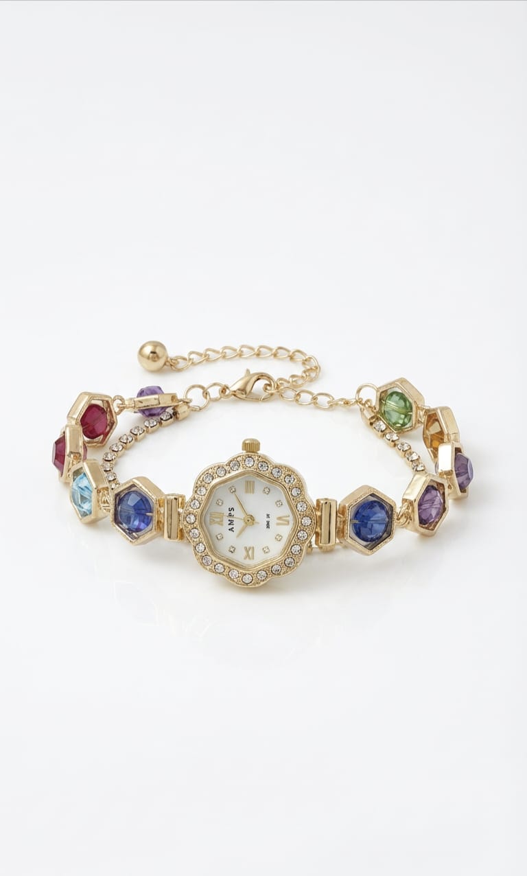 AMIPS Elegant Gold-Tone Geometric Crystal Watch & Tennis Bracelet Set