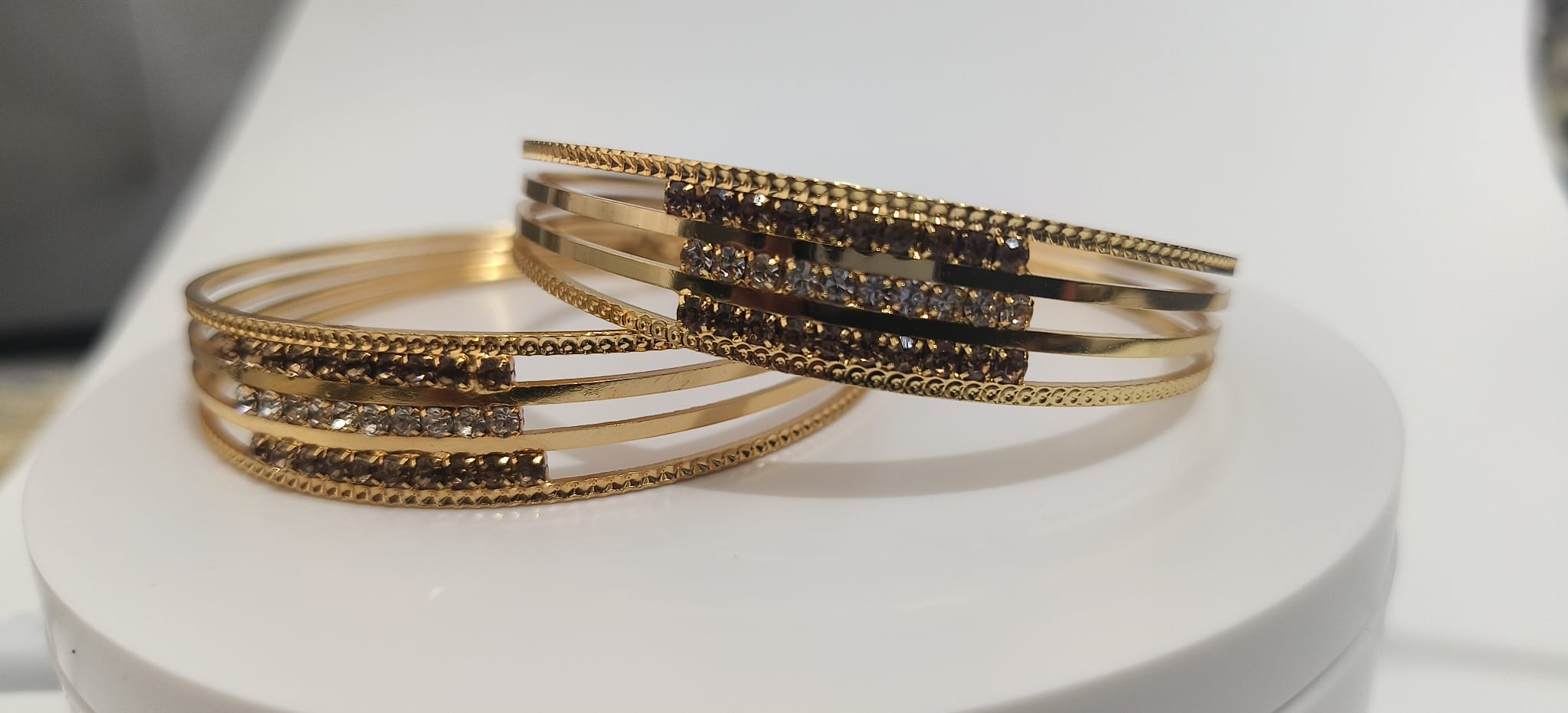 The Regency Band – Elegant Triple Band Bangle with Smoky Amber Crystals – Luxury Layered Gold Bangles for Women