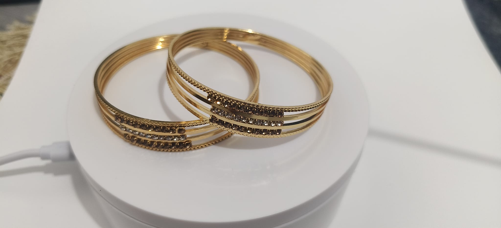 The Regency Band – Elegant Triple Band Bangle with Smoky Amber Crystals – Luxury Layered Gold Bangles for Women