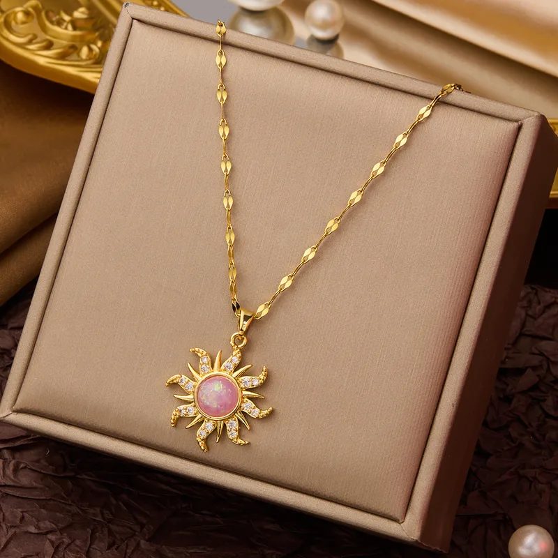 Sunbeam Necklace with Pink Gemstone Center  Crystal Embellished Gold PendantSunbeam Necklace with Pink Gemstone Center – Gold Sun Pendant Necklace with Crystal Detail - Trendymus