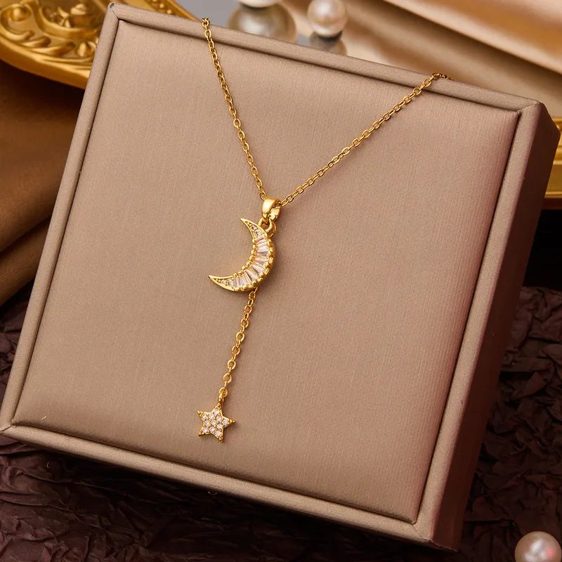 Sparkling Crescent Moon Necklace - Gold Rhinestone Moon Pendant Necklace for Women - Trendymus