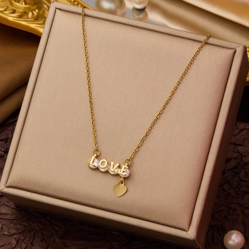 Gold LOVE Script Necklace with Floating Heart – Zirconia Accented Pendant - Trendymus