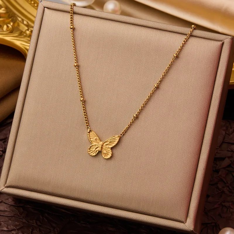 Gold Butterfly Pendant Necklace – Beaded Link Chain Necklace Jewelry for Women
