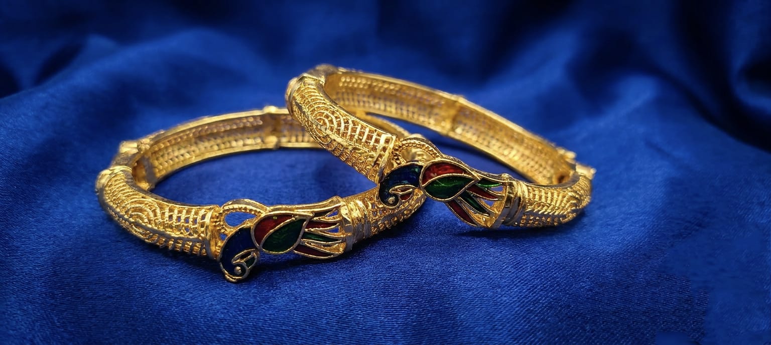 Intricate Gold-Plated Peacock Bangles for Women Set of 2 – Elegant Meenakari Gold Bangles with Peacock Motif – Traditional Gold Plated Peacock Bangles