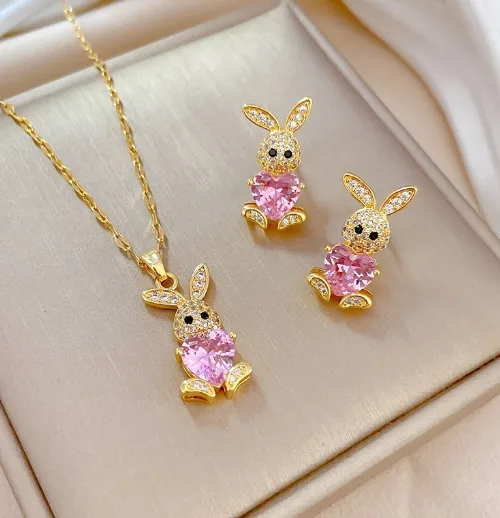 The Whimsical Heart Set - Bunny Pink Necklace with Crystal Heart Pendant Jewelry - Trendymus