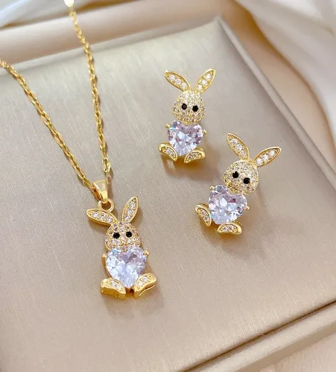 The Sparkling Bunny Heart - Bunny Necklace & Matching Earrings Set - Trendymus