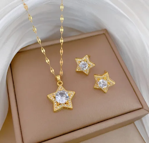 Celestial Stainless Steel Star Jewelry Set - Gold Star Pendant Set with Crystal Pendant Necklace - Trendymus