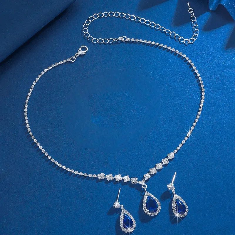 Deep Sea Majesty Collection - Blue Crystal Jewelry Set with Sapphire Necklace Earring Set & Blue Teardrop Pendant - Trendymus