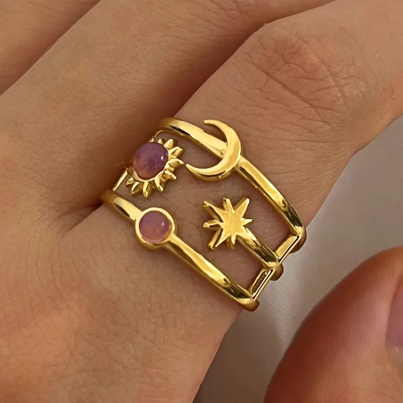 The Galaxy Heirloom - Celestial Gold Ring Cosmic Sun Moon and Stars Ring