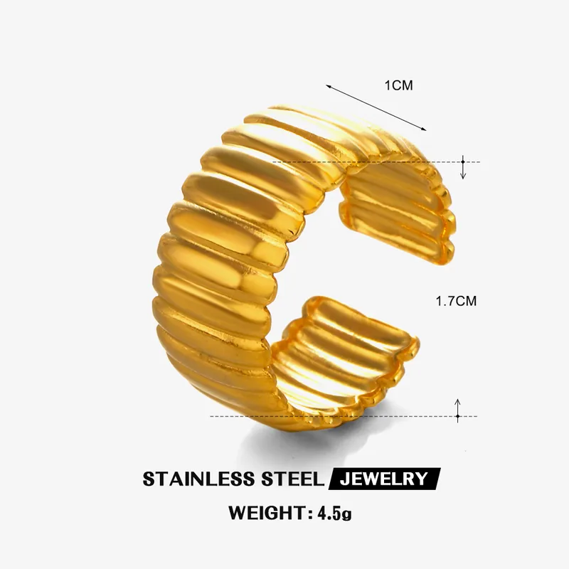 The Madeline Ribbed Ring - Croissant Gold Ring Open Band Gold Cuff Ring Adjustable