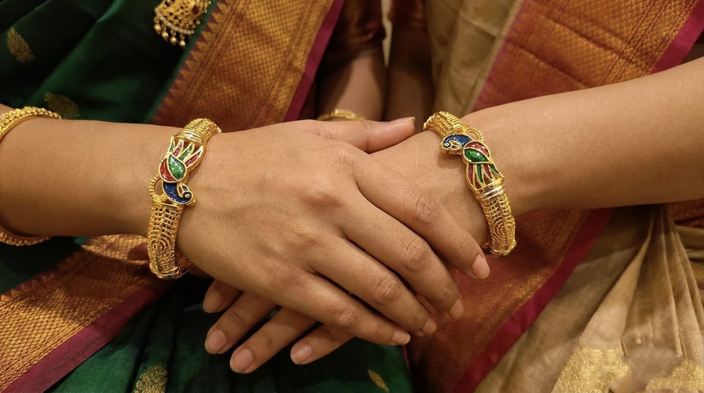 Intricate Gold-Plated Peacock Bangles for Women Set of 2 – Elegant Meenakari Gold Bangles with Peacock Motif – Traditional Gold Plated Peacock Bangles